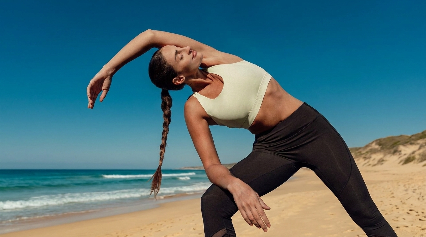 Woman stretching beside the ocean
